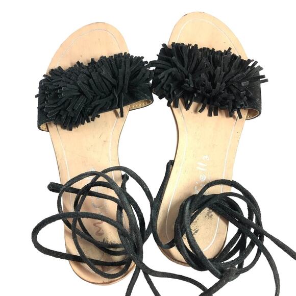 Mariella Womens Fringe Ankle Strap Black Leather ITALY Made Sandals sz 6.5 / 7 - Picture 4 of 8